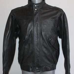 Vintage Italian 80s Black Leather Motorcycle Bomber Jacket with Plaid Liner Size L