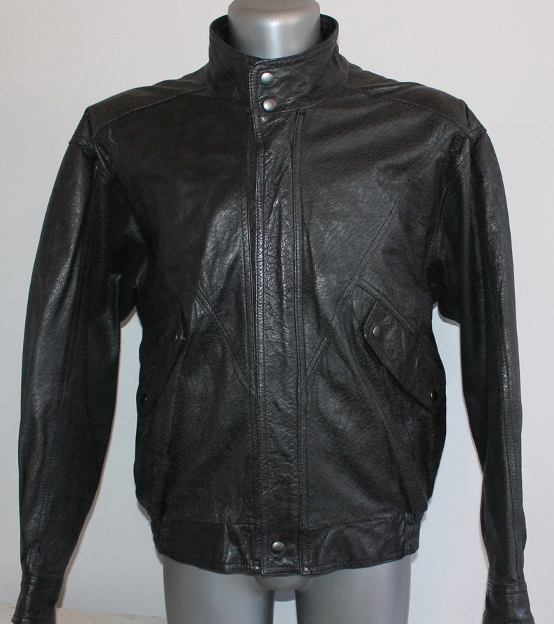 Vintage Italian 80s Black Leather Motorcycle Bomber Jacket with Plaid Liner Size L