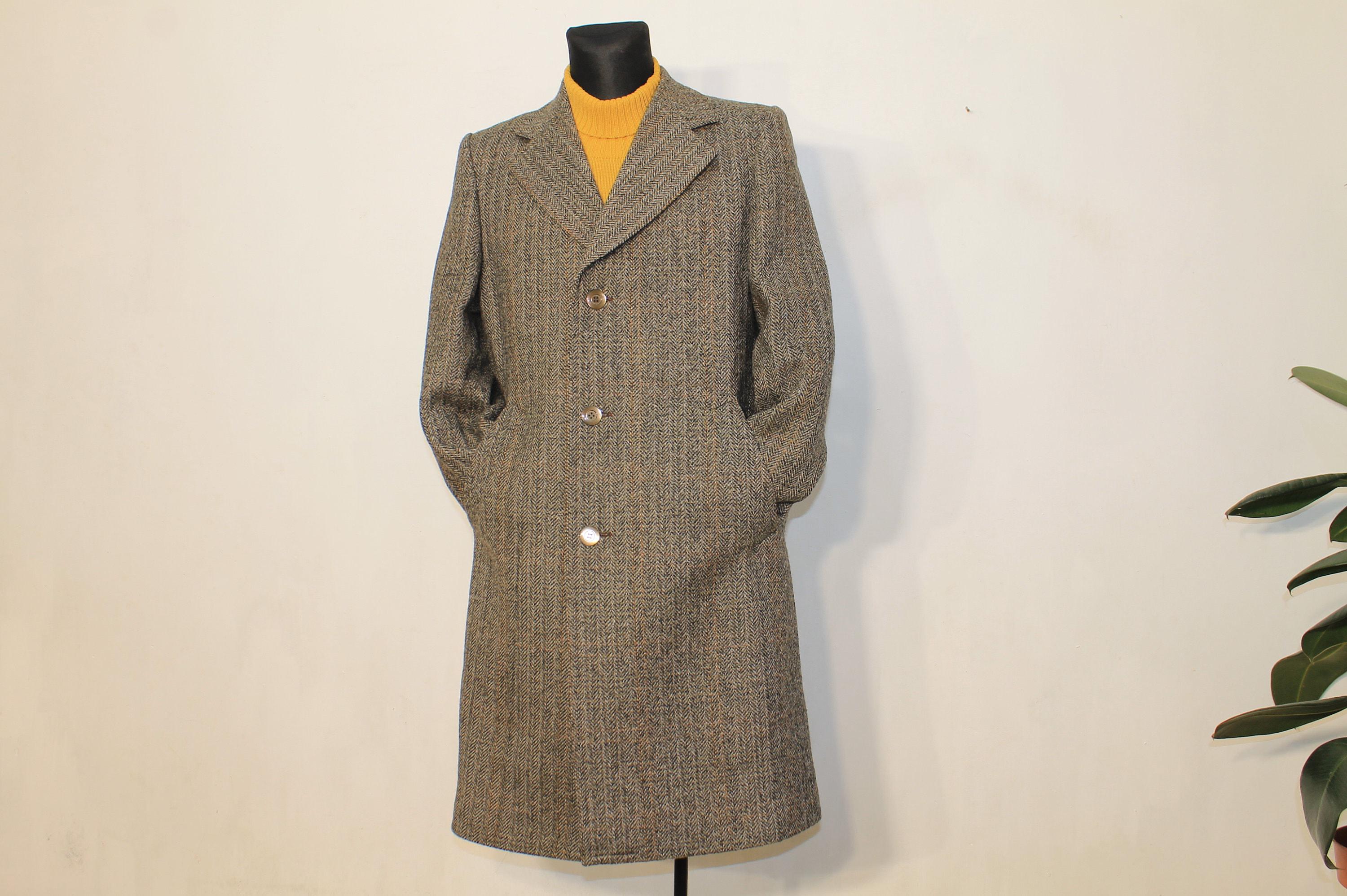 Wool Coat Vintage Men Brown Cheviot Tweed 70s Scottish Overcoat