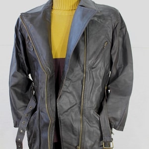 Giacca da motociclista vintage in pelle nera da donna, stile motociclista con cintura, taglia media/grande