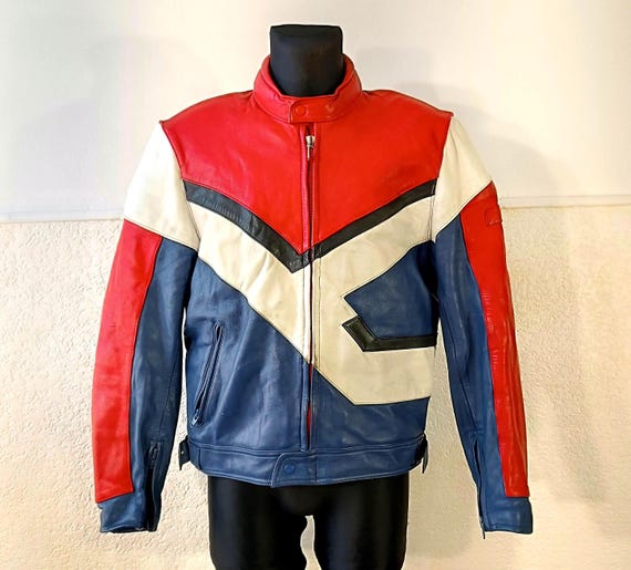 Motorcycle Leather Jacket XL, Vintage Multicolored Race Style Size