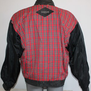Vintage Italian 80s Black Leather Motorcycle Bomber Jacket with Plaid Liner Size L