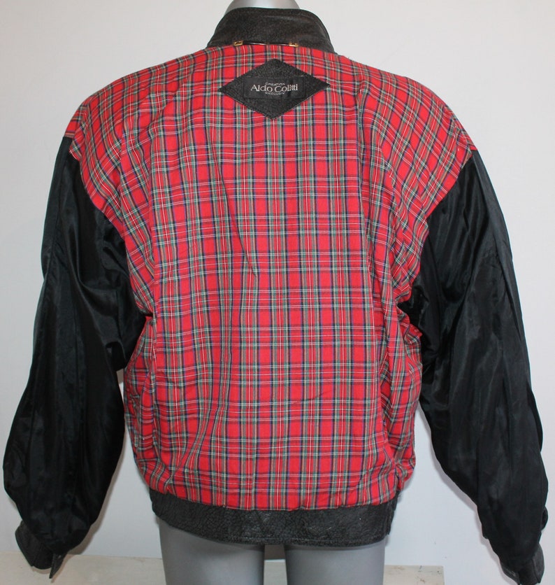 Vintage Italian 80s Black Leather Motorcycle Bomber Jacket with Plaid Liner Size L