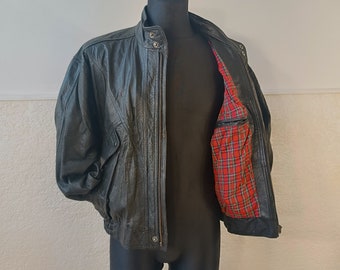 Vintage Black Leather Jacket Men, Italian Casual Jacket tartan liner, Italian Leather Jacket Crocodile style, Vintage Jacket men Size Medium