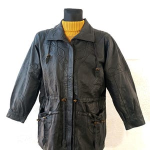 native american jacket Black Leather Large Vintage Mexican Style Long Coat