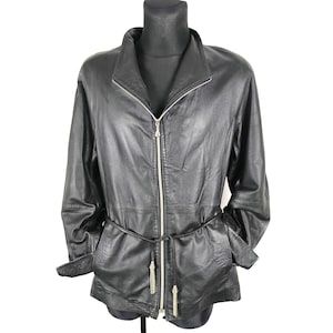 Vintage Black Leather Trench Coat for Women - Medium Size Long Belted Motorcycle Jacket