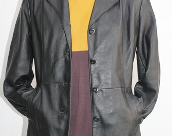 Veste Blazer En Cuir D'agneau Vintage Noir Pour Femme - Taille 40, Coupe Slim - Neuf Avec étiquettes