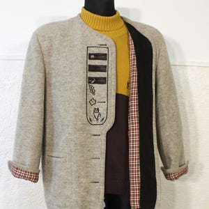Boiled Wool Jacket Large Grey: Vintage Embroidered Trachten Blazer