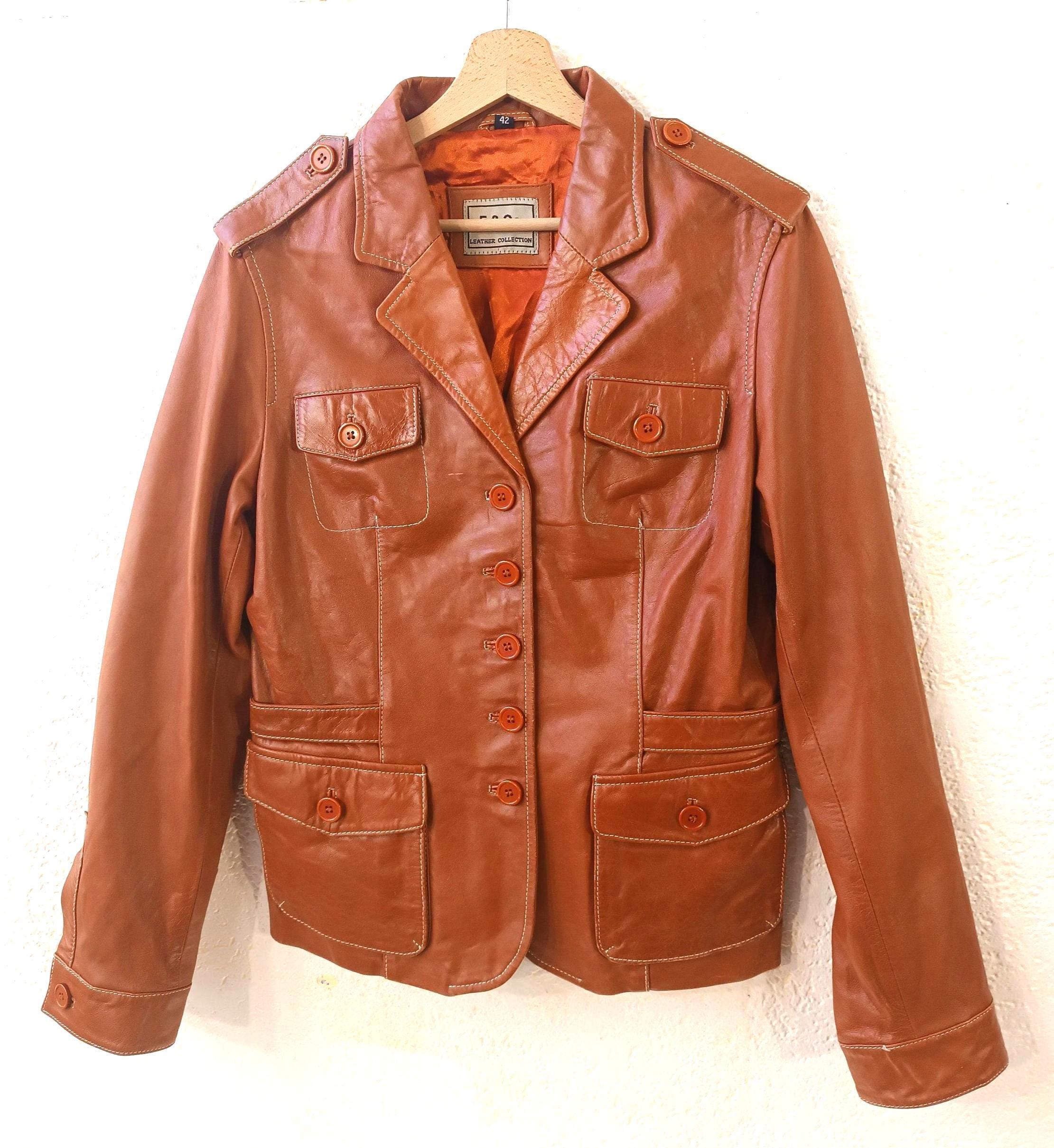 Safari Leather Jacket Tan 70s Vintage: Women's Medium Real Leather