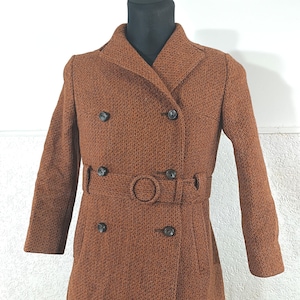 Vintage 70s Harris Tweed Orange Wool Trench Coat - Belted Winter Outerwear for Women, Small Size