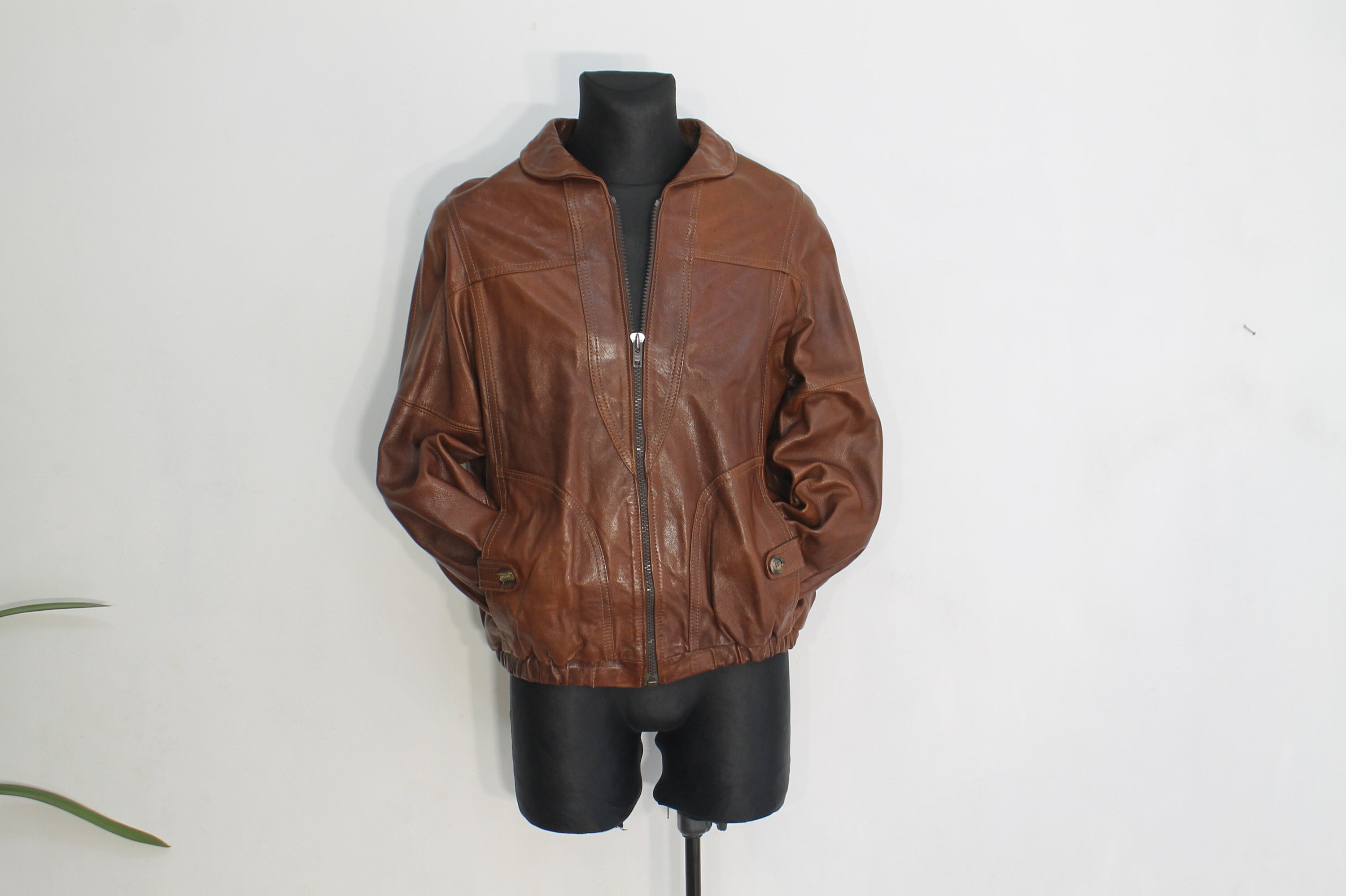 クラシック 70 年代 ブラウン レザー ボンバー ジャケット メンズ - M