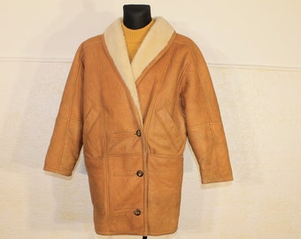 Shearling Coat Women vintage 80's lambskin coat brown leather coat sheepskin coat sunny brown shearl overcoat sustainable fashion size large