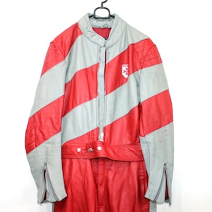 Vintage 80s Harro Men’s Red Gray Leather Motorcycle Race Suit Size 46 Slim Fit