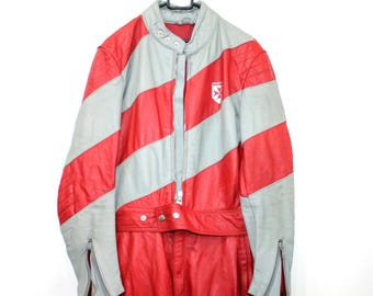 Macacão de couro vintage para motociclista Harro, vermelho e cinza, tamanho 46.