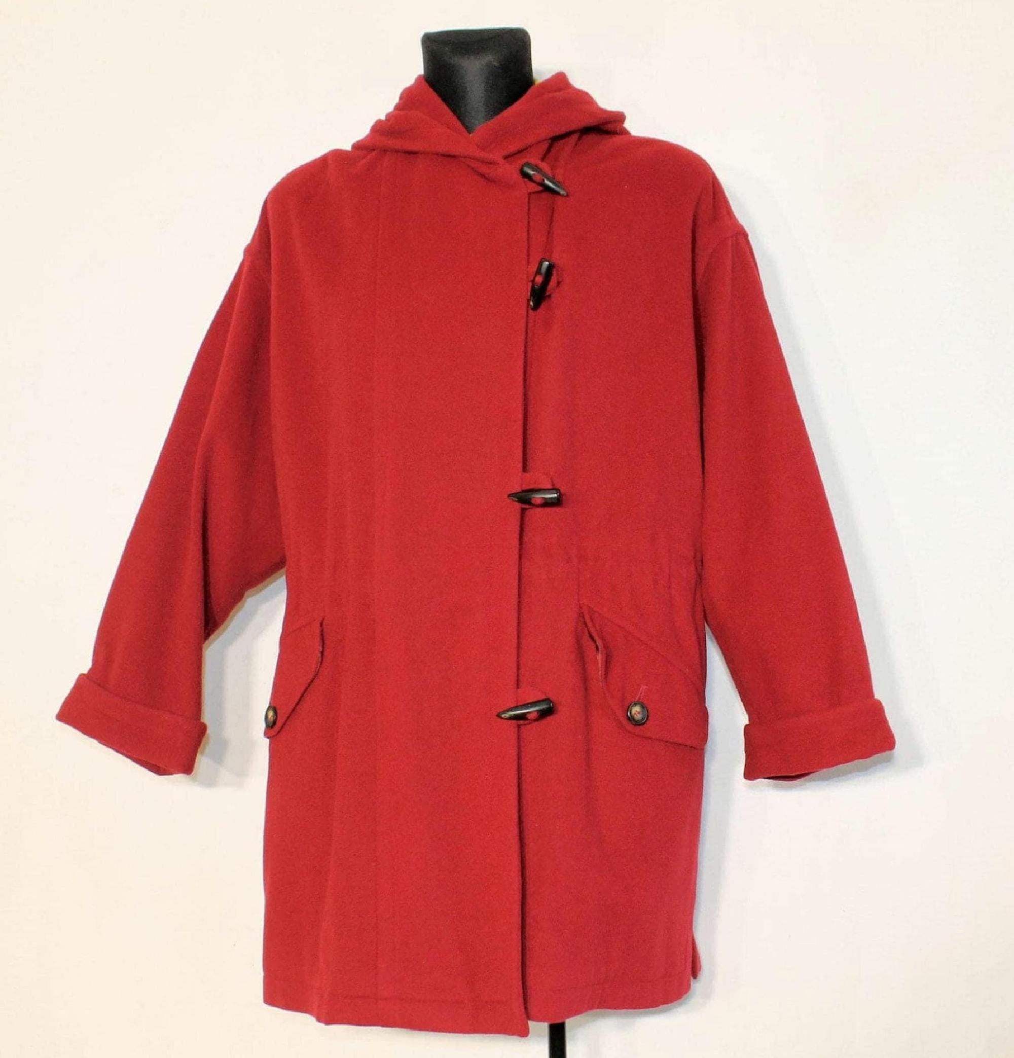 Red Duffle Coat 90s Vintage, Lodenfrey Hooded Maxi Toggle Women's