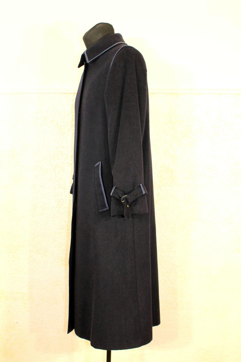 Vintage 80s Navy Wool Tyroler Loden Overcoat - Gothic Style Winter Trench for Women, Medium Size