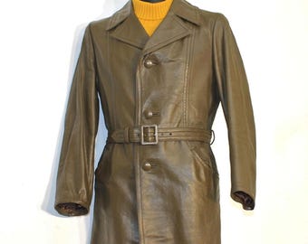 Leather Trench Coat Men: Vintage 70s Brown Belted Medium Overcoat