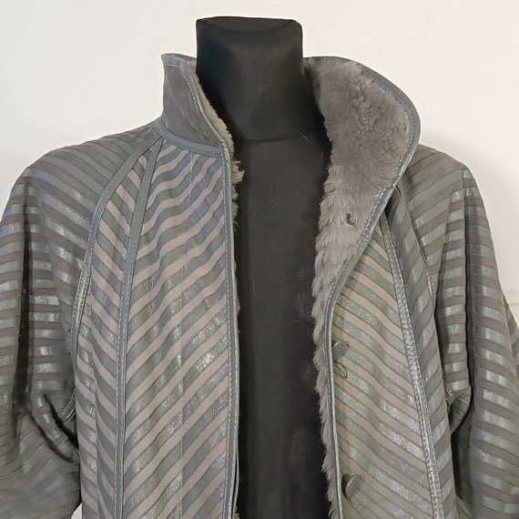 Gray Leather Coat Women, vintage striped coat, Wo… - image 7