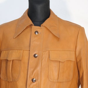 Vintage 70s Tan Safari Leather Jacket for Men - Genuine Brown Retro Outerwear, Size Medium