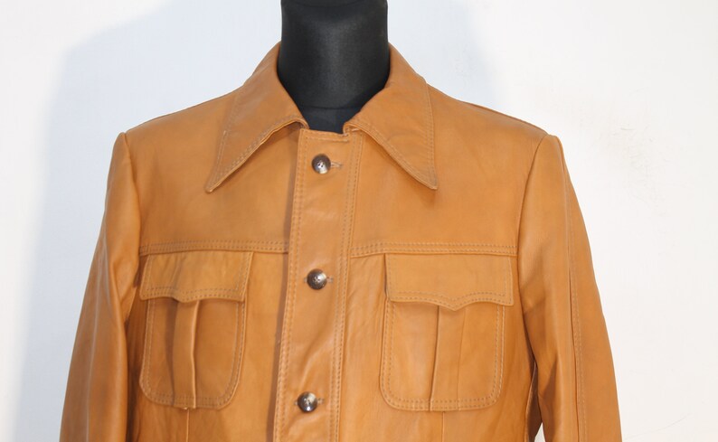 Vintage 70s Tan Safari Leather Jacket for Men - Genuine Brown Retro Outerwear, Size Medium