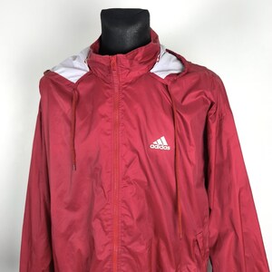 Vintage Adidas regenjas/windjack met capuchon uit de jaren 90, maat Large, rood, retro sportkleding, outdoorjas
