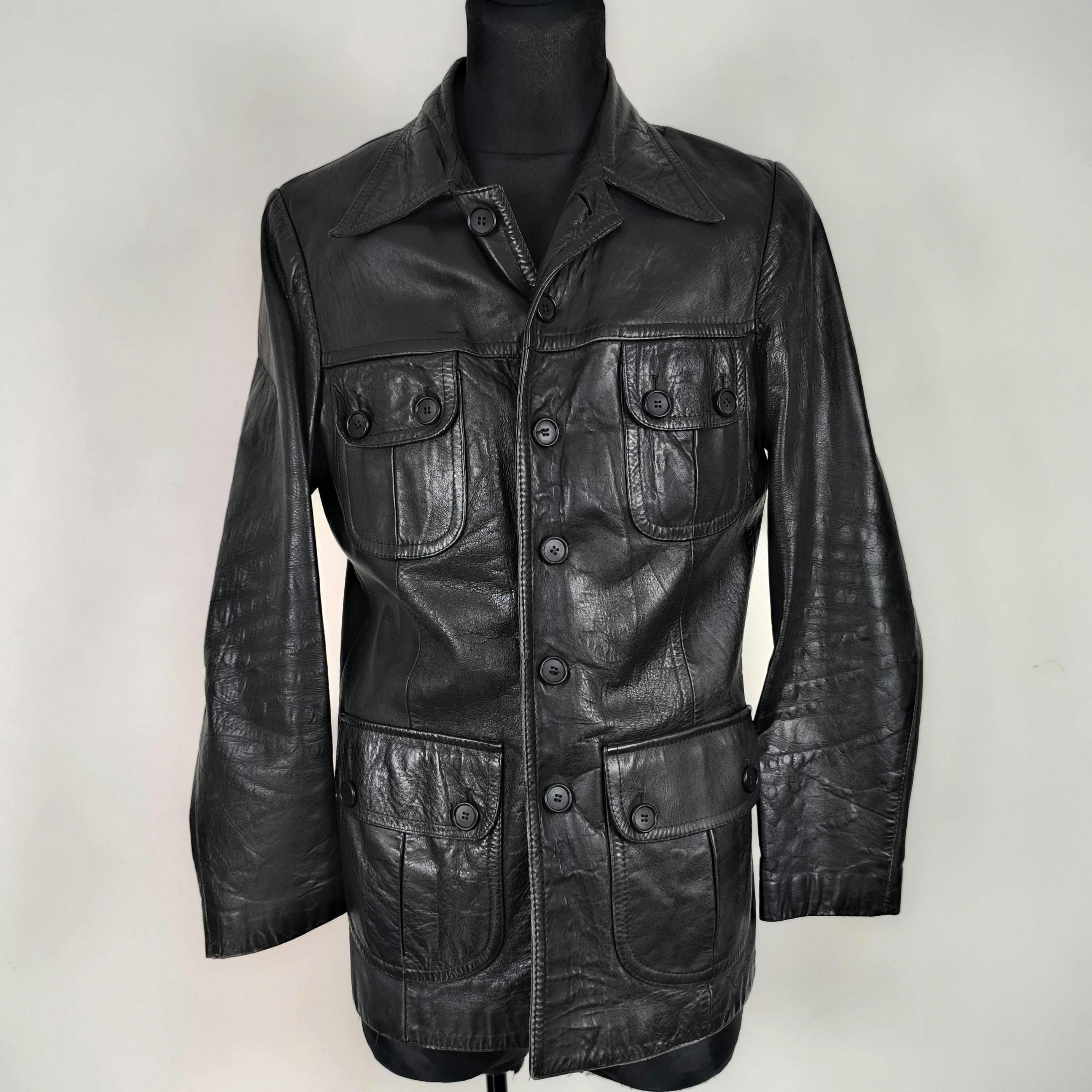 ジャケット・アウター 70s archive nappa leather jacket vintage Black Leather Jacket Vintage 1970s Men's Safari Jacket, Medium