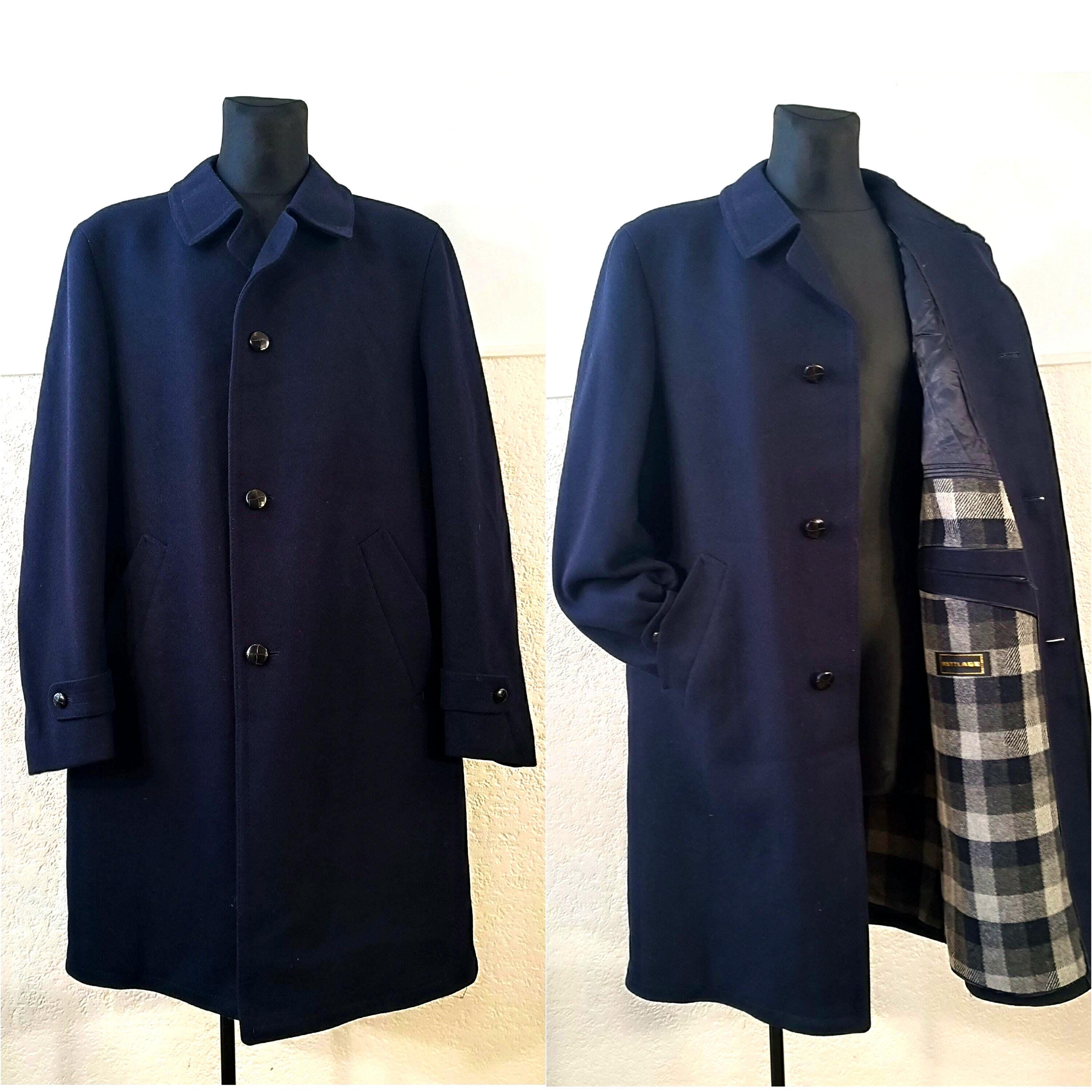 Navy Wool Coat Men, Vintage Overcoat With Plaid Liner, Long 