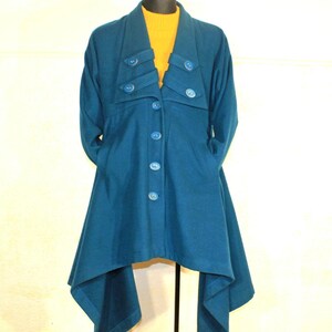 Wool Coat Women Blue Asymmetrical Cape: Medium/Large Winter Overcoat