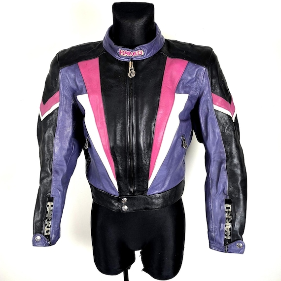Vintage Harro Jacket Motorbike Black Pink White Leather Motorcycle