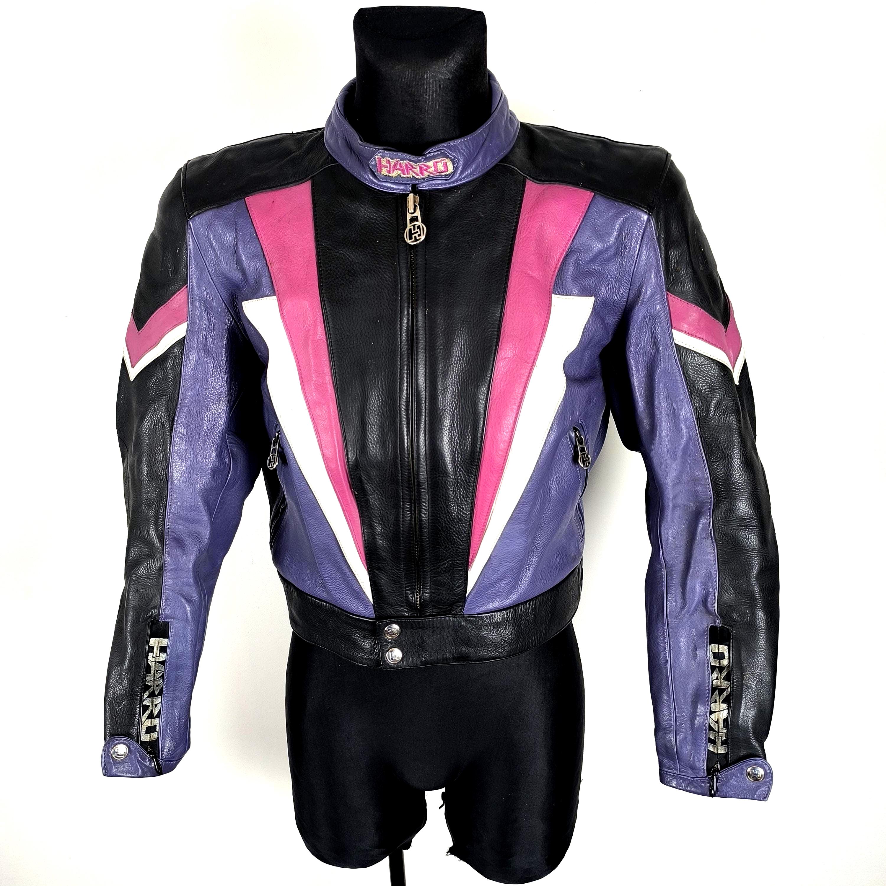 Vintage Harro Jacket Motorbike Black Pink White Leather Motorcycle