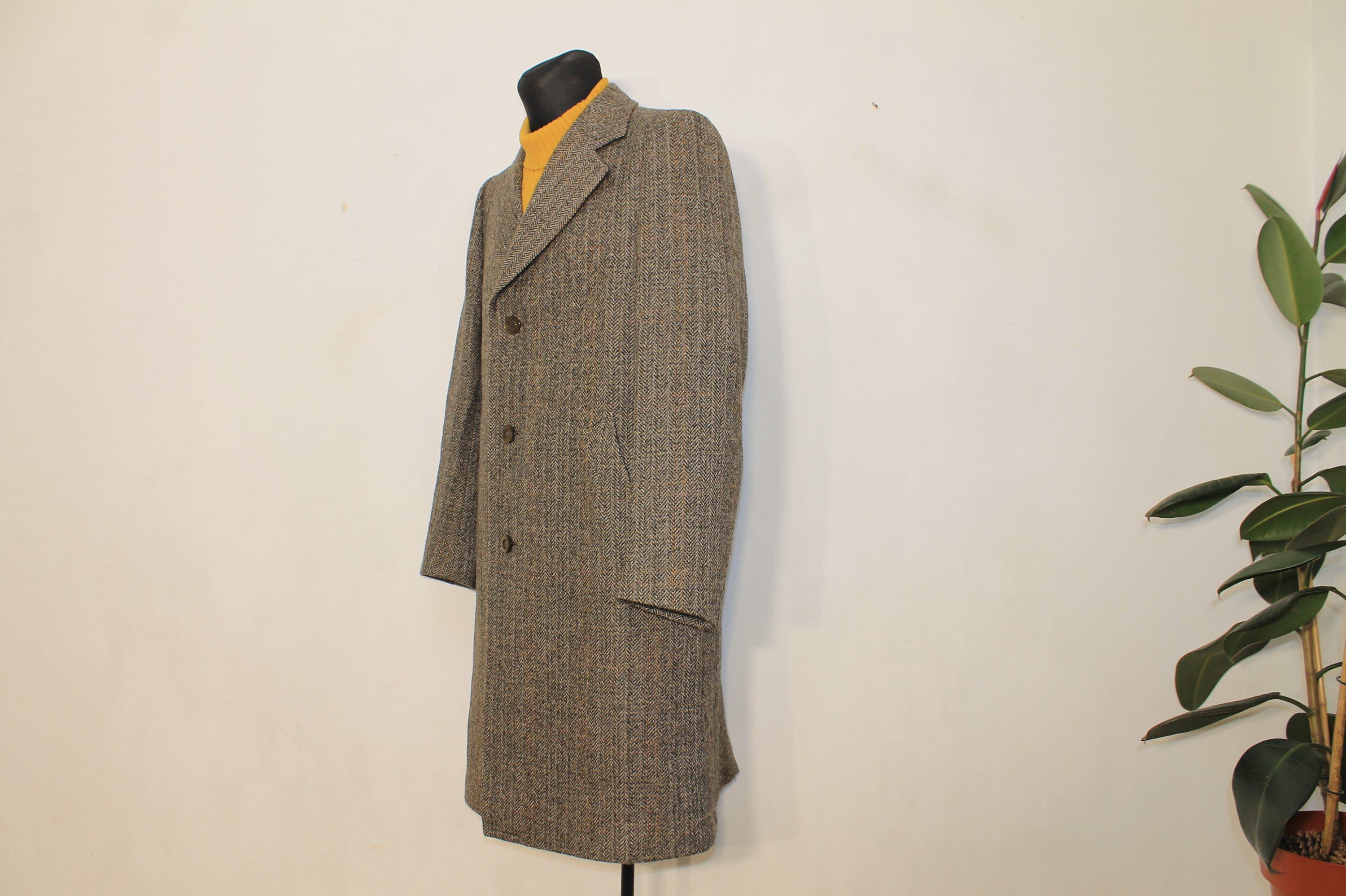 Wool Coat Vintage Men Brown Cheviot Tweed 70s Scottish Overcoat