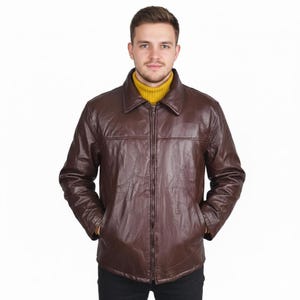 Veste en cuir homme patchwork marron chocolat vintage, taille M, fermeture éclair style classique rétro