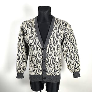 Vintage Norwegian Fair Isle Wool Cardigan - Small Winter Sweater with Folk Art Geometric Pattern