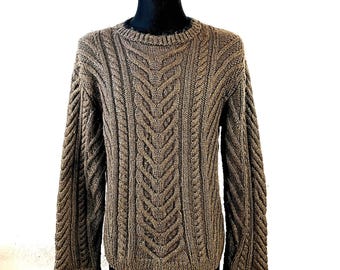 Cable Knit Sweater, Brown Pure Wool Jumper, Chunky Warm Pullover Large Size