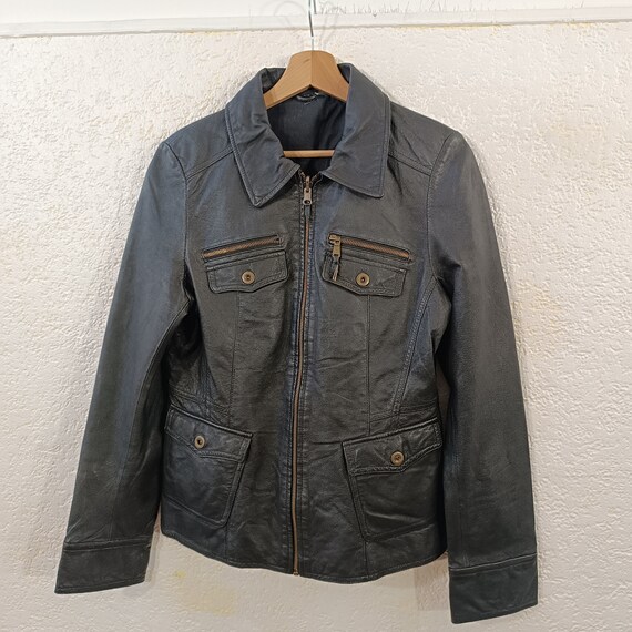 vintage Black motorcycle leather jacket women, 80… - image 2