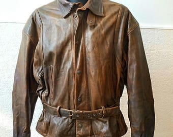 Hein Gericke Motorcycle Leather Jacket Brown Distressed Vintage 80s Large