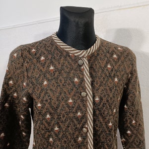 Vintage Argyle Trachten Wool Cardigan - Bavarian Tyroler Jacket for Women - Brown Medium Size