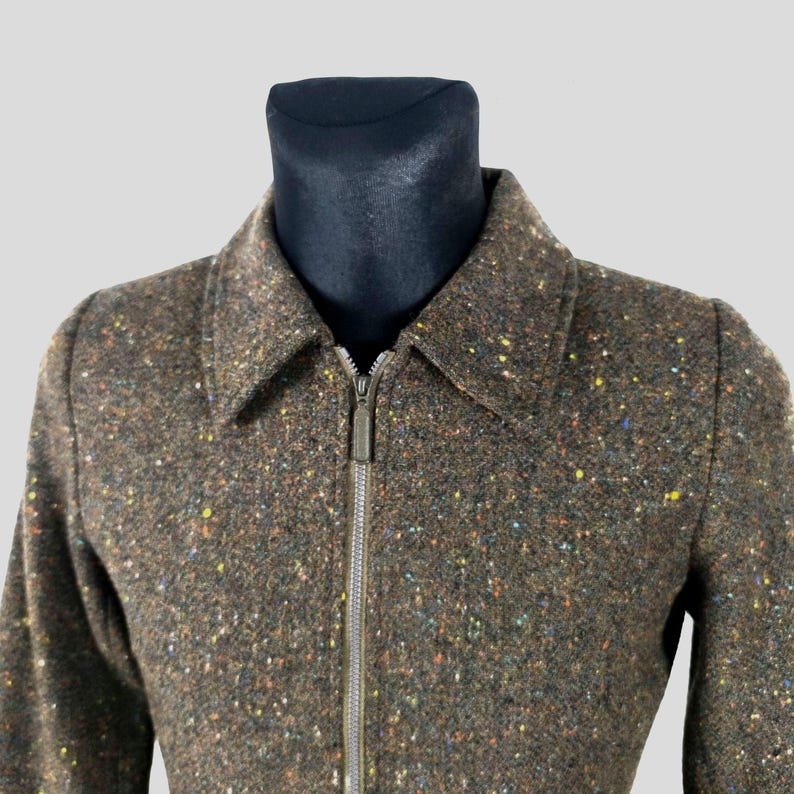 Vintage 70s Brown Donegal Tweed Wool Zip Jacket - Retro Women's Small Outerwear