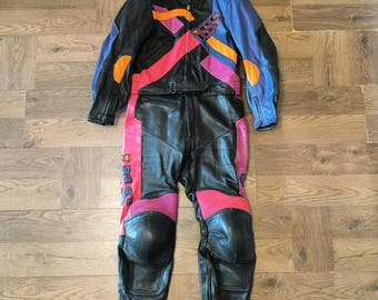 IXS Leather Suit Vintage 80s Two-piece Colorful Motorcycle Racing