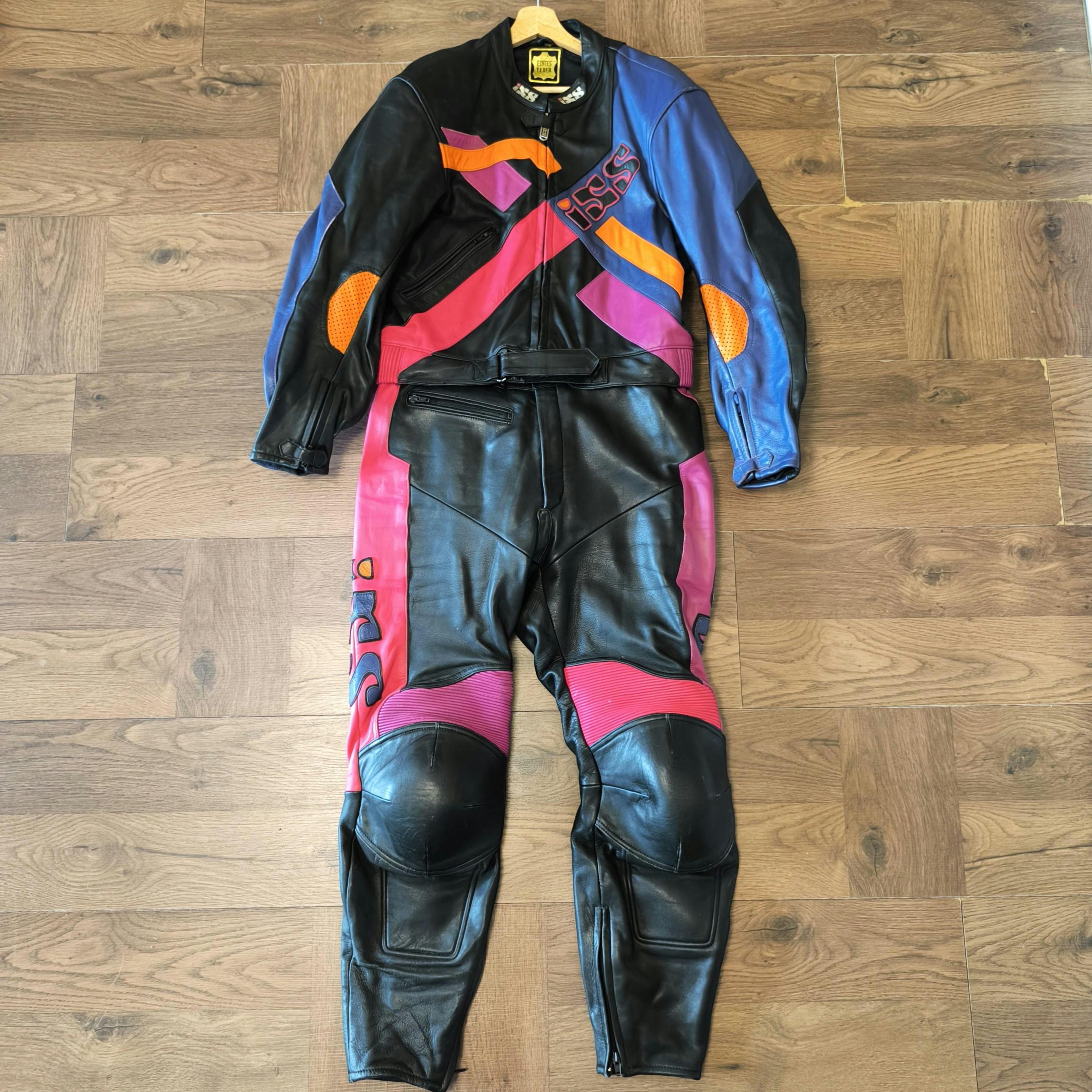 IXS Leather Suit Vintage 80s Two-piece Colorful Motorcycle Racing