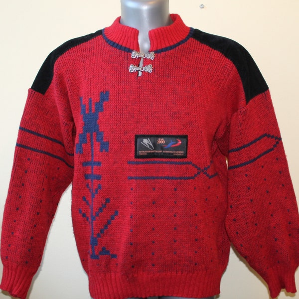 Norwegian Wool Jumper, Red Cardigan WORLD CHAMPIONSHIPS 2000, Nordic Jumper, wool Cardigan, Fair Isle Jumper, Vintage Cardigan Size Small