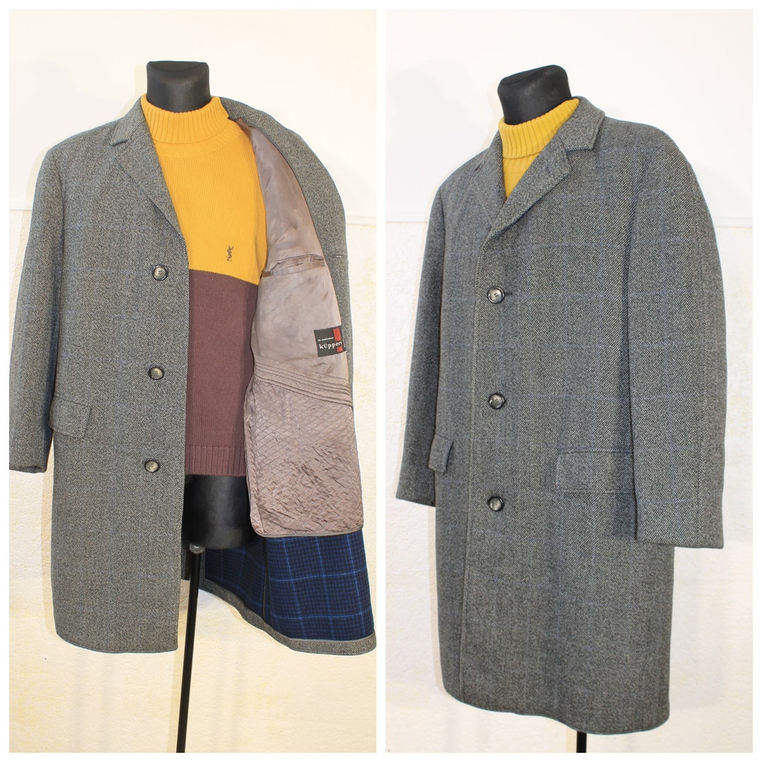 Vintage Tweed Coat Men, Striped Wool Coat, Greatcoat, Gray Overcoat