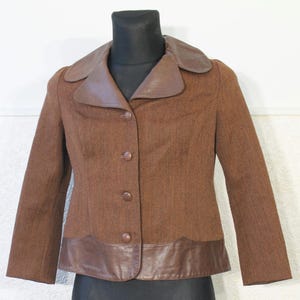 70s Wool Jacket Leather Collar Brown - Short Retro Outerwear Small