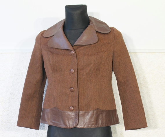 70s Wool Jacket Leather Collar Brown - Short Retro Outerwear Small