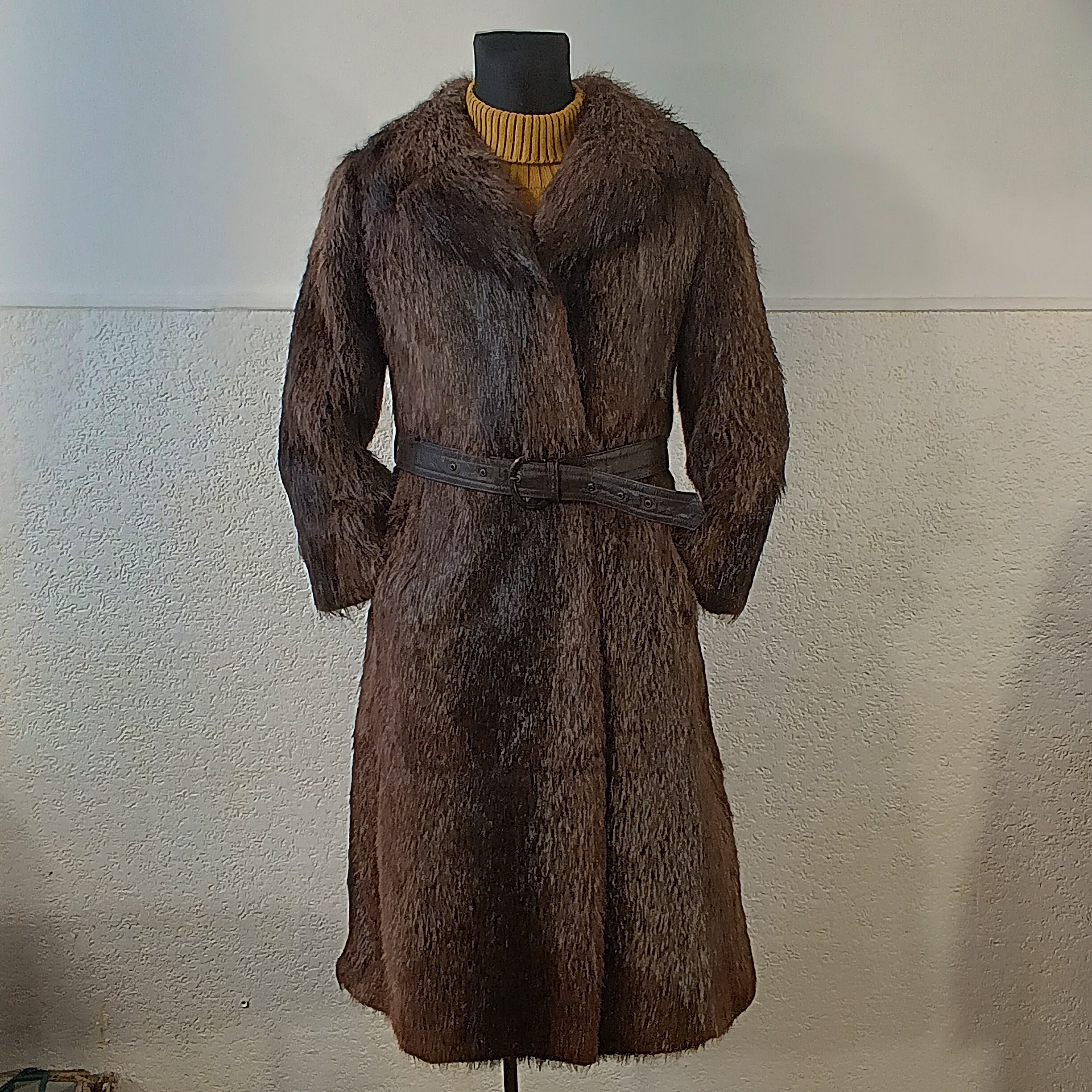 Manteau Long Vintage En Cuir Véritable Avec Fourrure – Marron – Taille XL – Occasion Très Bon état