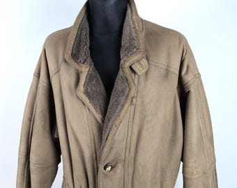 Vintage Brown Lambskin Shearling Coat | Men's Large Winter Leather Longcoat | Warm Sheepskin Overcoat