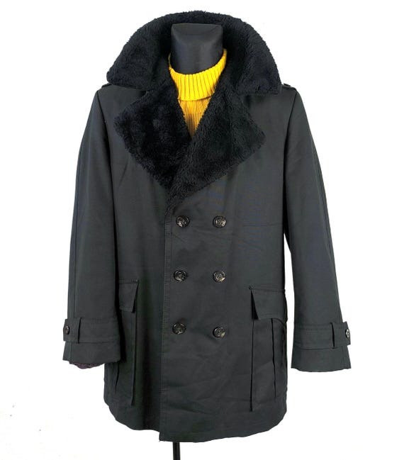 Vintage Black Trench Coat for Men With Faux Fur Collar
