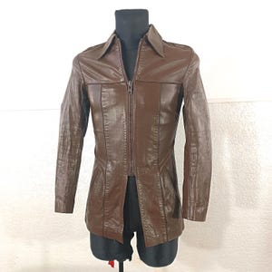 Rare 70s Vintage Brown Leather Safari Trench Coat - Unisex Small Long Jacket