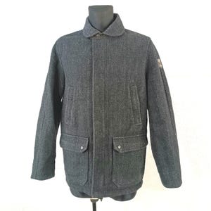 Wool Jacket Gray Herringbone Tweed: Large Peacoat with Tartan Lining