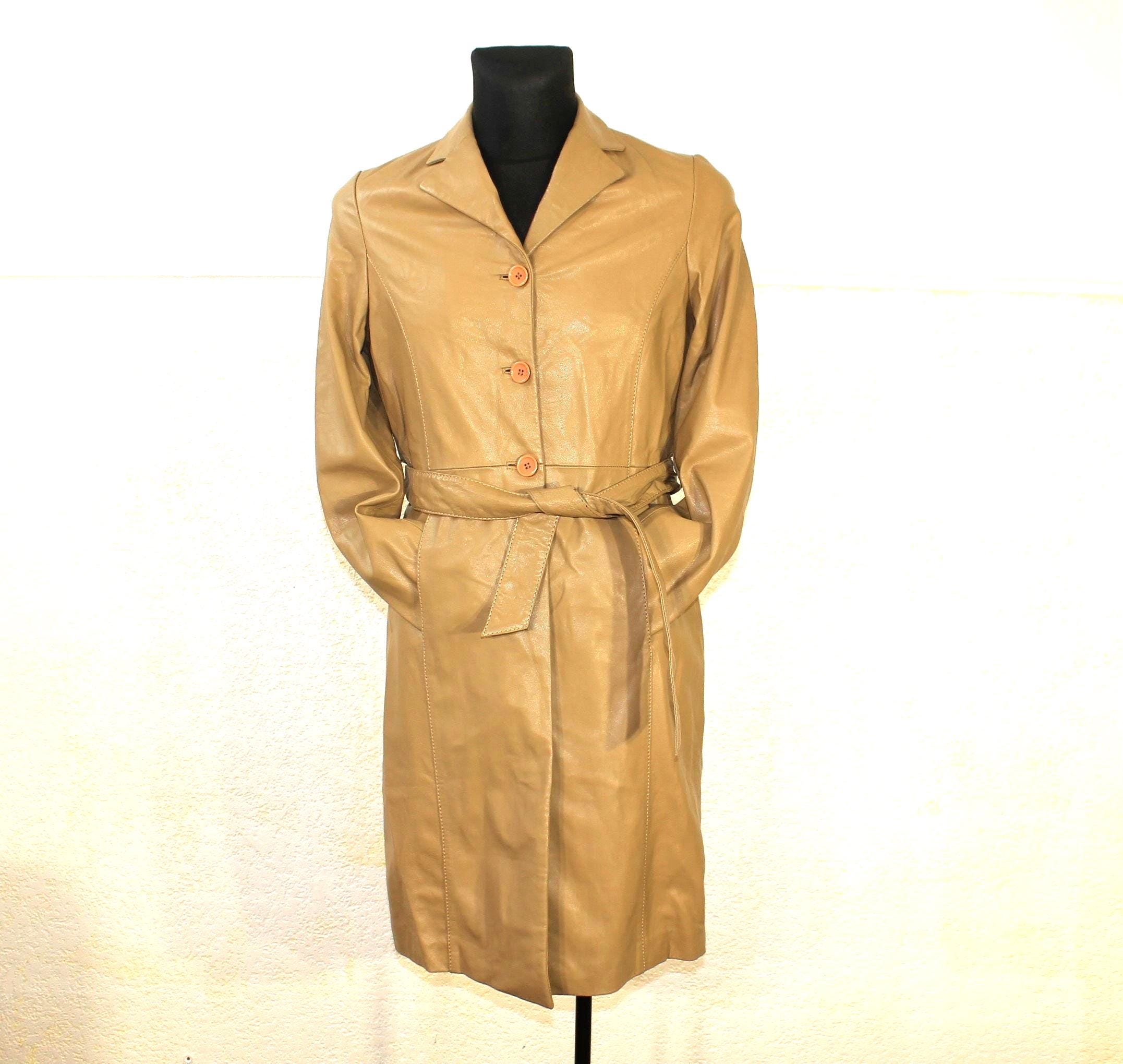Elegant Brown Leather Trench Coat for Women - Belted, Long, Minimalist Design - Small Size Casual Outerwear